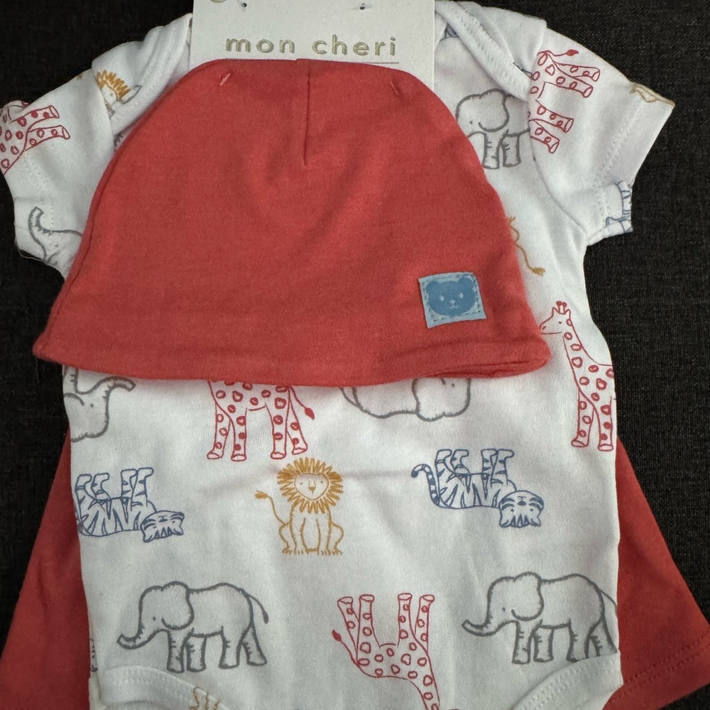 Mon Cheri Red Hat and Animal Print Onesie Set
